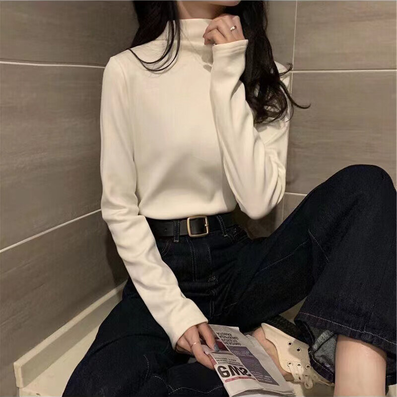 Jesienno-zimowe damskie swetry z golfem prosta wąska długa koszula 2023 modna koreańska solidna, wszechstronna bluza ze Stretch