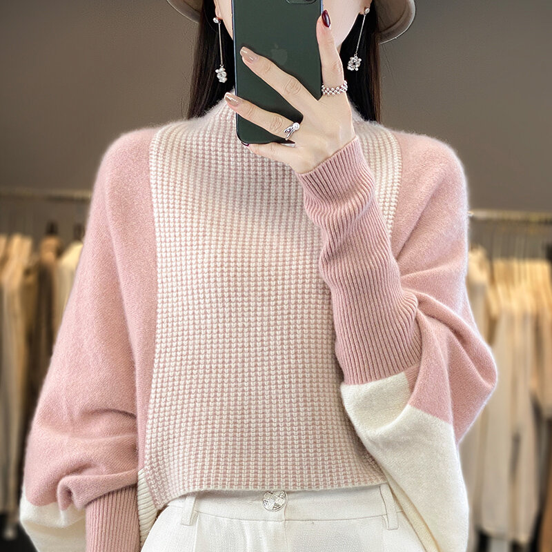 Suéter de Cuello medio alto para mujer, Jersey de punto de lana merina 2023, holgado, Top suave de moda coreana, novedad de 100%