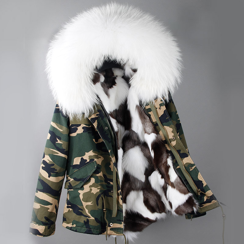 Maomaokong roupas femininas natural forro de pele de raposa jaqueta de inverno do exército verde parka grande gola de pele de guaxinim real casaco de pele com capuz