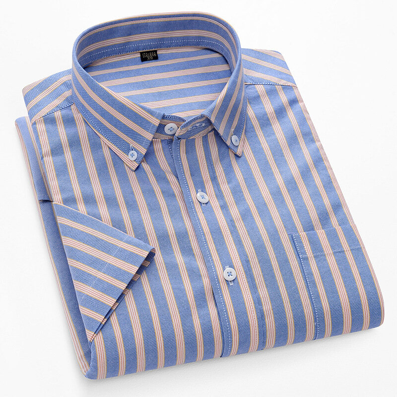 100% Cotton Oxford Men Shirt Short Sleeve Summer Plaid Shirt Striped Male Shirt Business Casual White Men Shirts Short Sleeve