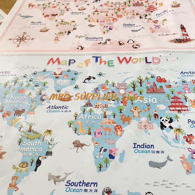 Karton merah muda peta dunia Poster ukuran dekorasi dinding peta besar dunia 140x93cm tahan air peta kanvas kamar tidur anak-anak