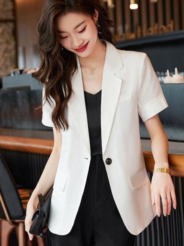 Jaqueta feminina casual de manga curta, streetwear básico, blazer de escritório, casacos femininos, tops da deusa, roupas da moda verão