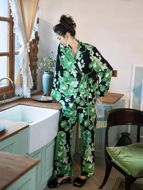 Ijspyjama 'S Met Lange Mouwen Voor Dames, Lente En Herfst, Elegante Kleurblokkerende Kimono-Bandjes, Tweedelige Nachtkleding Voor Thuiskleding