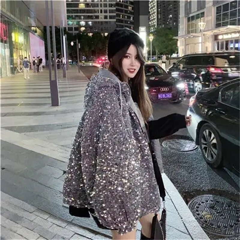 Mantel bertudung payet berkilau untuk wanita, mantel katun tebal pendek longgar versi Korea musim semi 2023