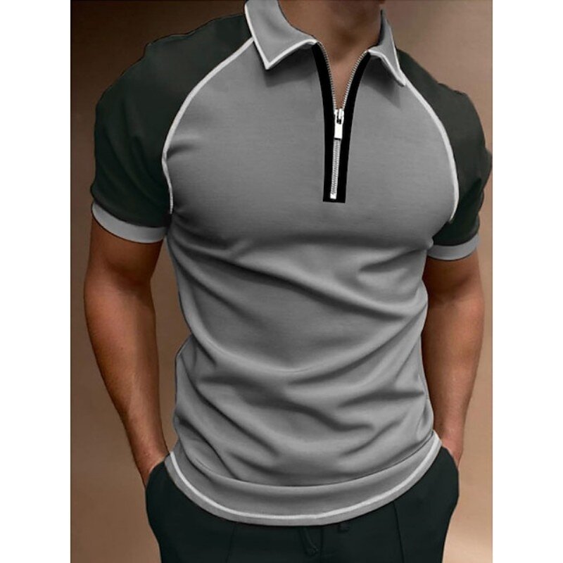 Verão manga curta retalhos polo camisa masculina casual fino lapela zíper cardigan respirável camisa polo dos homens roupas de moda