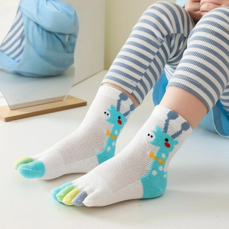 5 Pairs Children Cartoon Thin Cotton Five Finger Socks Summer Mesh Cute Giraffe Animal Socks with Toes for Baby Boys Girls Gift