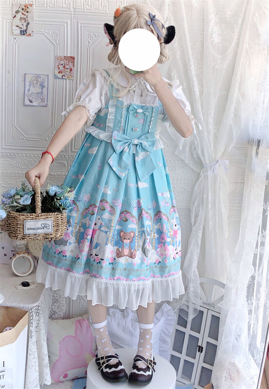 Japanese Dream Lolita Jsk Dress Women Kawaii Cute Cartoon Print Bow Ruffles Strap Dresses Girl Sweet Princess Party Dresses