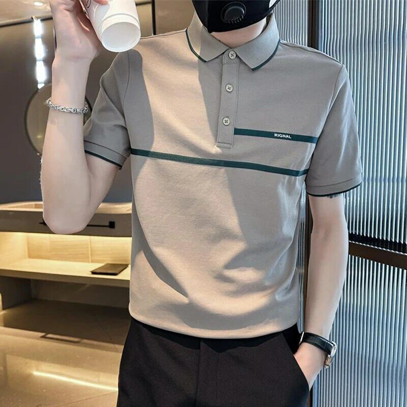 Рубашка-поло мужская с лацканами, модная деловая Повседневная Асимметричная свободная футболка на пуговицах, с соединением, лето 2024