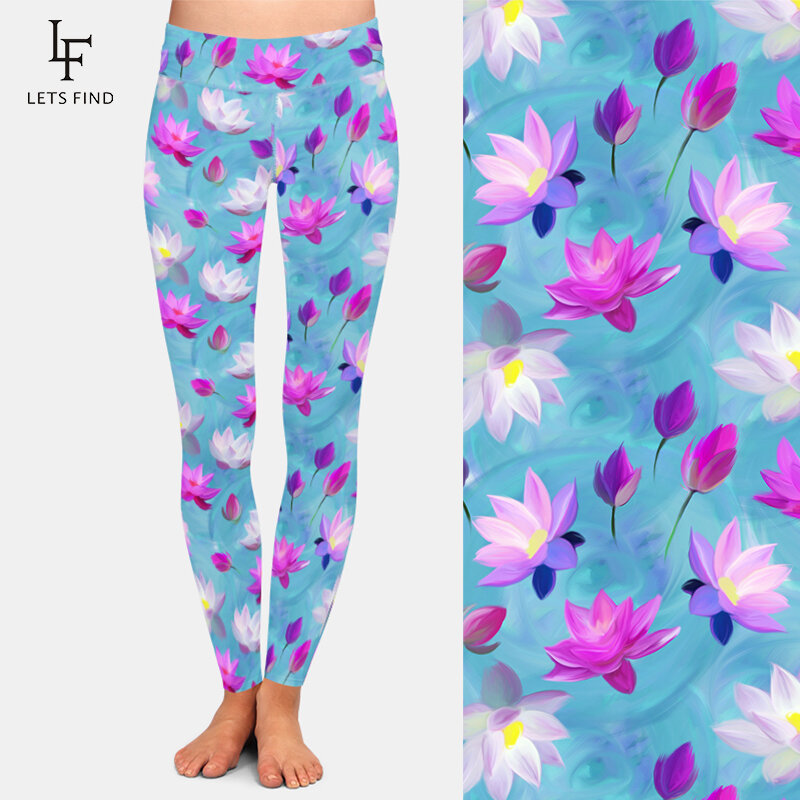 Letsfind moda lótus flores impressão digital calças elásticas de cintura alta das mulheres quaility workout estiramento leggings