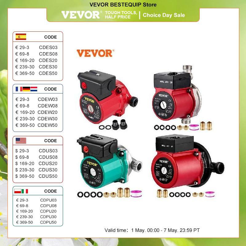 VEVOR Hot Water Circulation Pump Water Pressure Booster Recirculating Circulator for Water Heater Stainless Steel/Cast Iron Head
