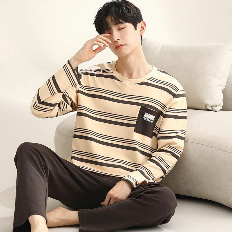Pure Cotton Pajamas Male Long Sleeve Spring and Autumn Teenager All Cotton Plus Size Loose  Top Grade A Loungewear Set pajamas