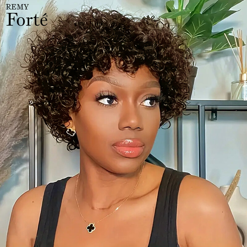 Pelucas de cabello humano Afro rizado con flequillo, corte Pixie corto marrón, 180% de densidad, hecho a máquina