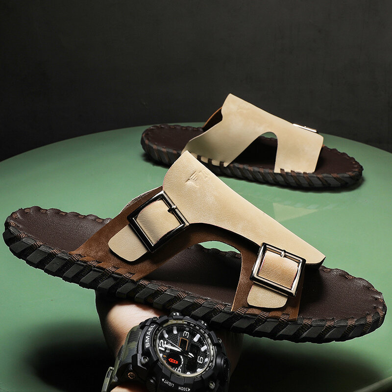 Chinelos de malha tecida para homens, chinelos estampados em couro, sapatos de verão, sandálias plataforma, moda em casa