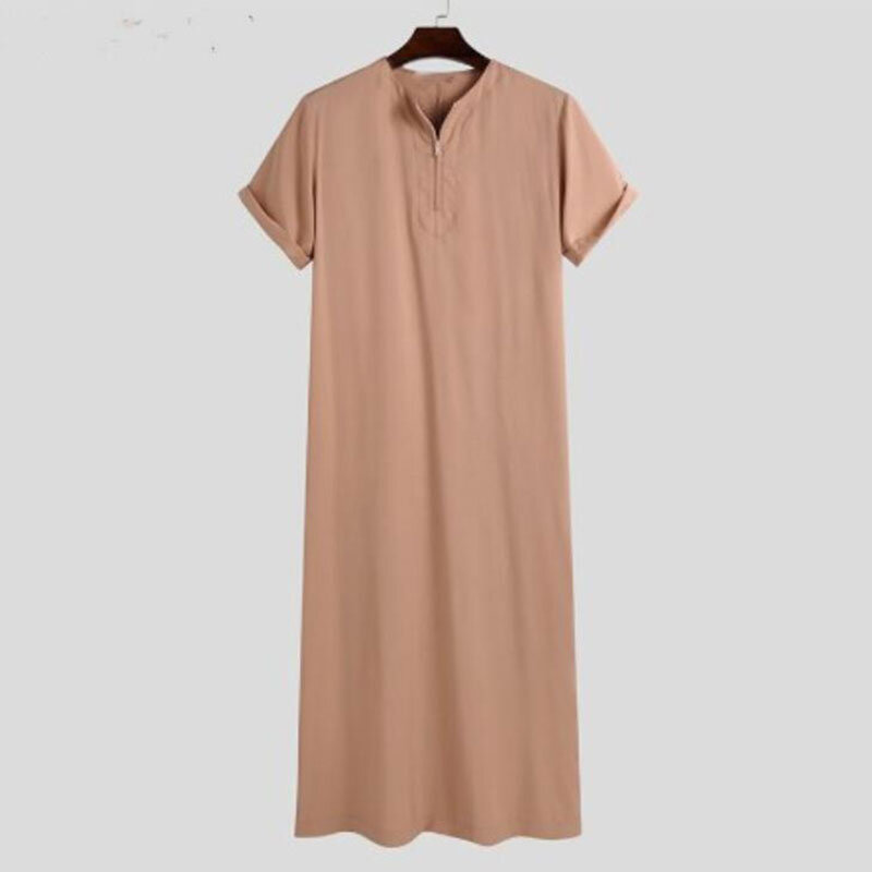 Summer Muslim Middle East Arab Dubai Malaysia Female Short Sleeve Shirt Solid Color Zipper Islamic Robe Men's Casual Clothing