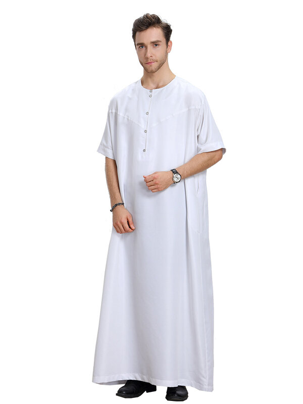 Botão de cor sólida masculino Jubba Thobe, manga curta, decote em O, muçulmano, árabe, Ramadã, roupa islâmica, vestes masculinas, estilo saudita