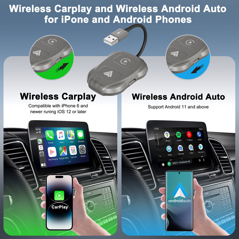 Apple CarPlay bezprzewodowy i Adapter bezprzewodowy z systemem Android, 5.8 GHz bezprzewodowy klucz Carplay do Apple Carplay przewodowego i Androida