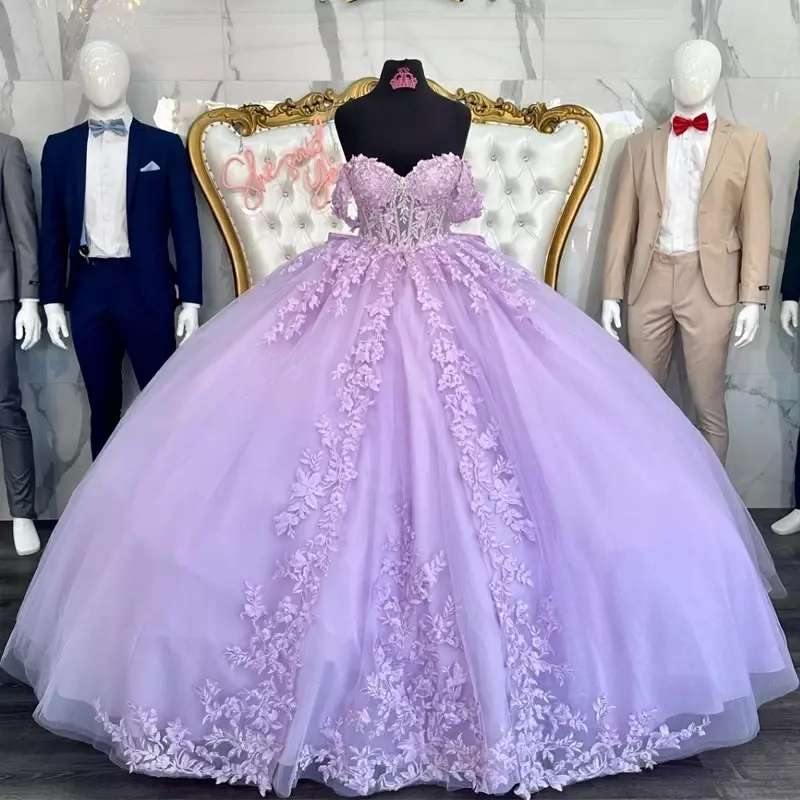 Lilac Off Shoulder gaun dansa Quinceanera gaun Vestidos De 15 Anos Applique renda dengan busur pesta ulang tahun putri gaun