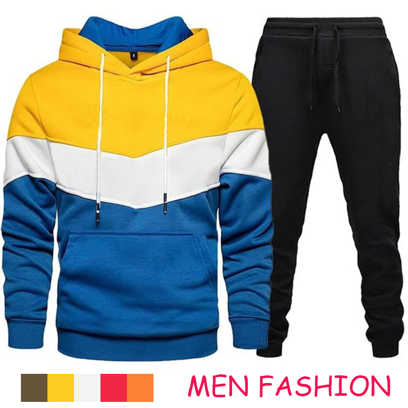 남성용 패션 트랙 수트, 스포츠웨어, 3 색 패치워크 스웨터, 운동복 세트, 의류 후드, 스웻팬츠 스웻수트