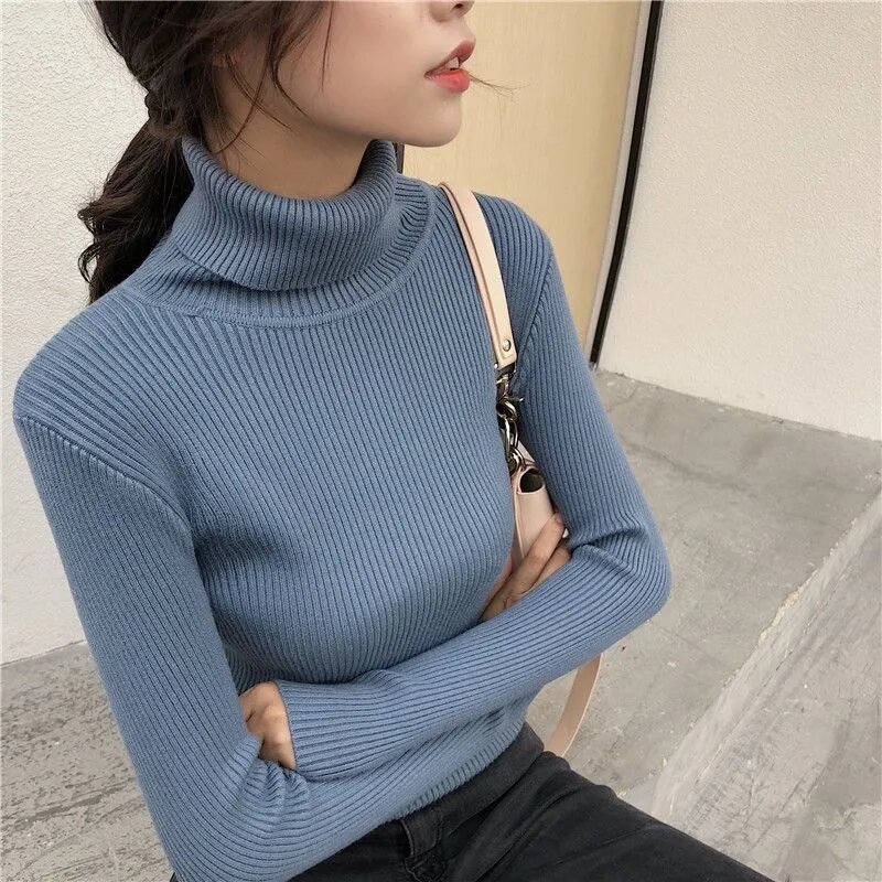 Damen bekleidung Herbst Winter High Neck Sweater neues schwarzes Strick oberteil trend ige vielseitige Slim Fit Bottom für Damen pullover