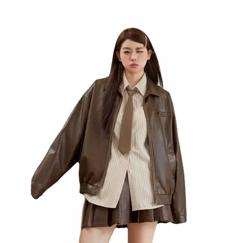 Винтажный комплект из натуральной овечьей кожи, свободного кроя, облегающая кожаная куртка, плиссированная юбка средней длины, Женская куртка