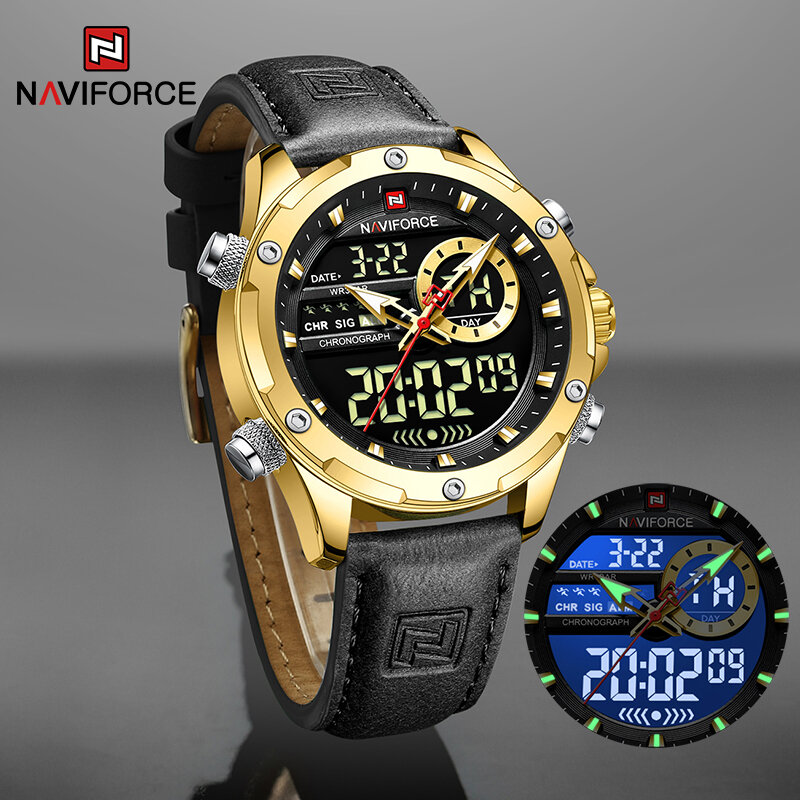 Men Watches NAVIFORCE 2022 New Original Luxury Genuine Leather Digital Man Wristwatch LCD Display Quartz Clock Relogio Masculino