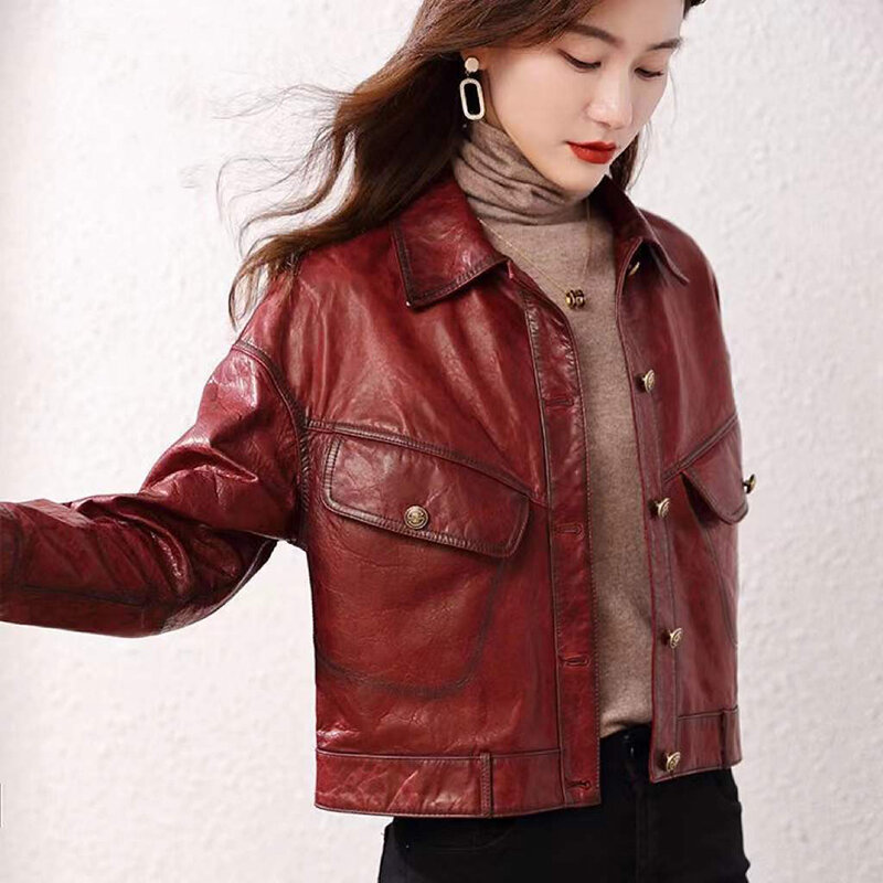 Neuer Schaffell mantel für Frauen Frühling Herbst Mode Revers einreihig lässig kurz Rotwein wachsartige Lederjacke abrigo mujer