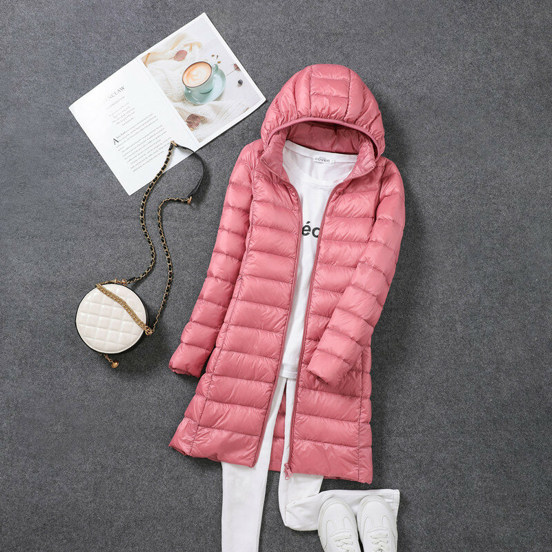 여성용 초경량 포장 가능한 긴 퍼퍼 재킷, 2024 가을 겨울 따뜻한 모자, 분리형 후드 여성 코트 파카, 5XL, 7XL, 신상