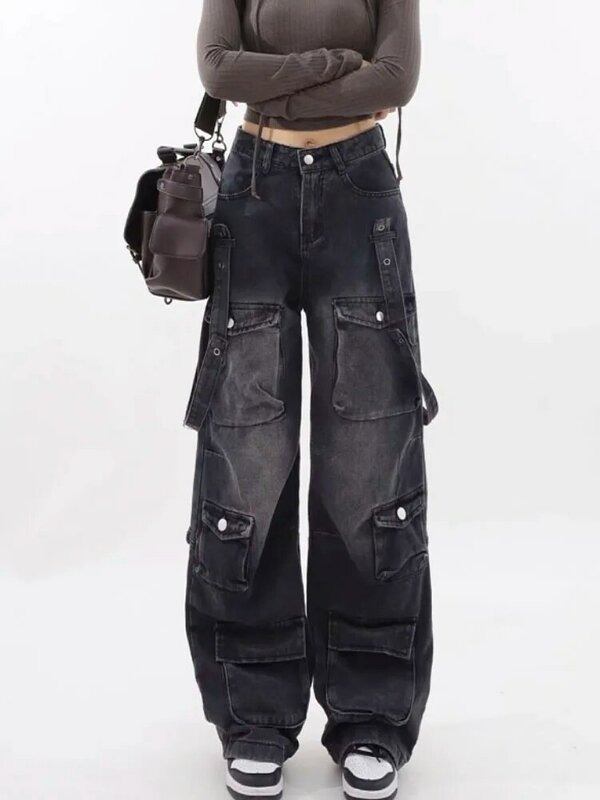 กางเกงยีนส์คาร์โก้เอวสูงสไตล์วินเทจของผู้หญิงกางเกงยีนส์ทรงหลวมสำหรับ Y2K ซักแฟชั่น