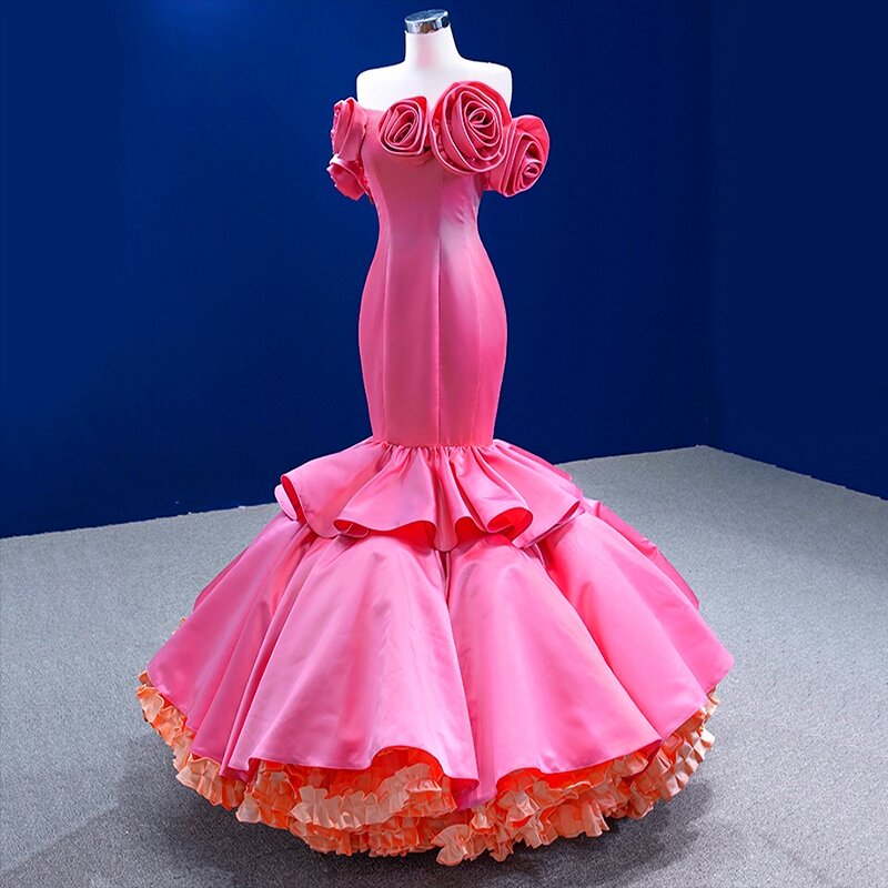 Gaun Malam Putri Duyung Bunga 3D Merah Muda Gaun Prom Pesta Elegan Wanita Formal Gaun Gala Abendkleider Kustom Selebriti