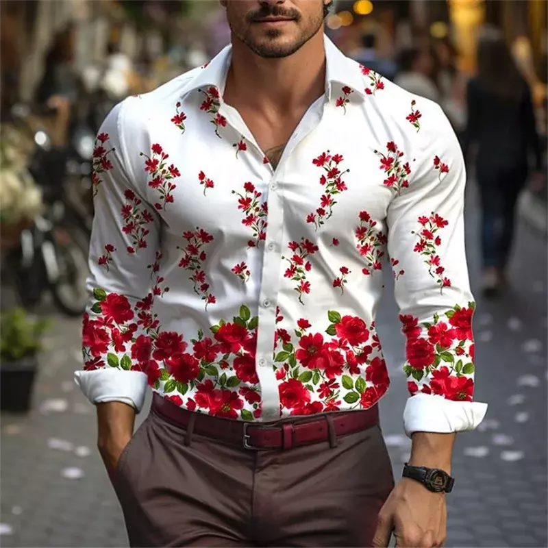 Kemeja setelan kasual untuk pria, kemeja bahan jalanan pola HD motif bunga lembut dan nyaman, atasan kancing luar ruangan pria ukuran plus 2024