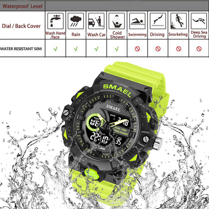 Fashion Smael Top Brand Men Sports 50m Waterproof Dual Time Digital Analog Clock Stopwatch Week Display Casual Sport Watches