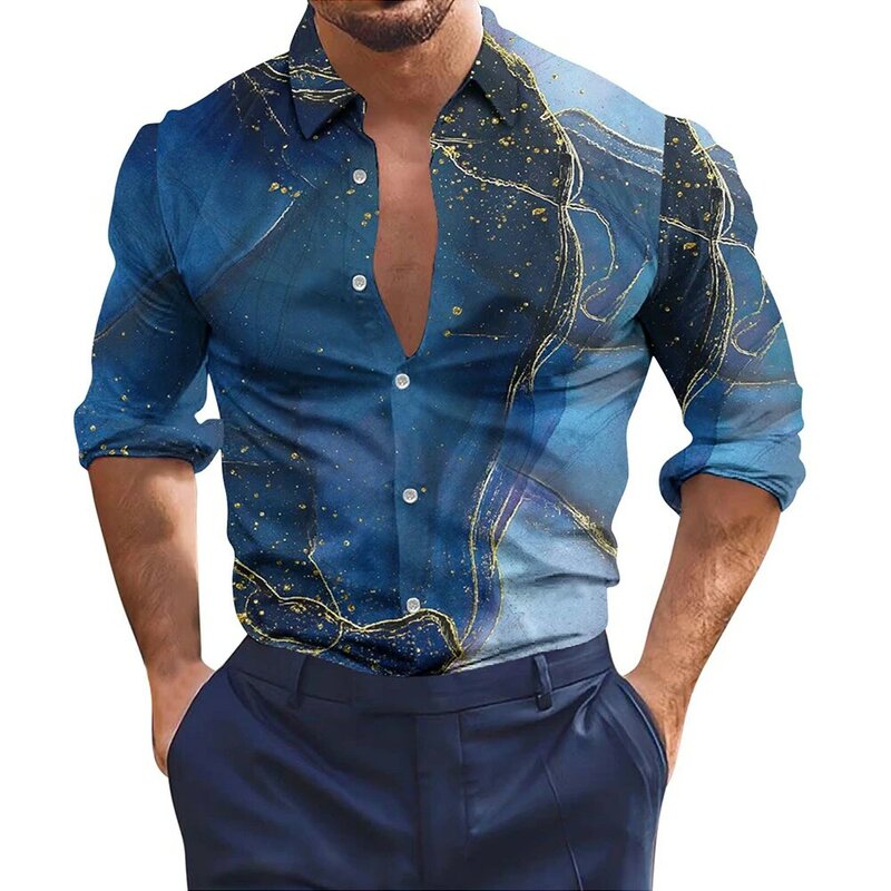 Chemise à Revers Confortable pour Homme, Tenue de Soirée Musclée, en Polyester, Imprimé Régulier, pour Toutes Saisons, 1 Pièce