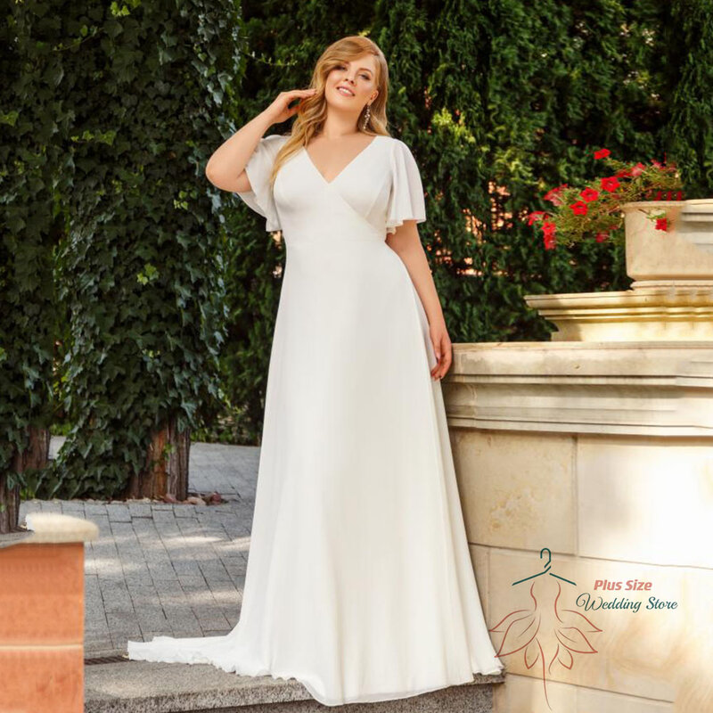 High Quality Wedding Dresses Plus Size 2023 Short Sleeves V-Neck Bride Gowns Chiffon Empire A-Line Sweep Train Robe De Mariée