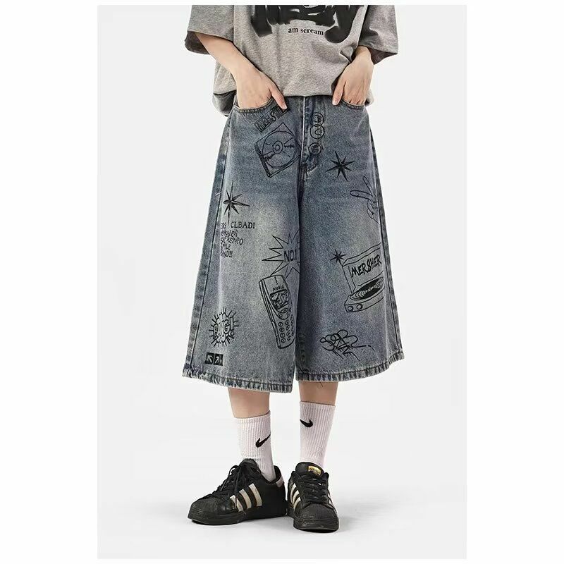 American street graffiti printed denim mid-pants men's summer loose trendy brand retro style three-quarter pants korean fashion