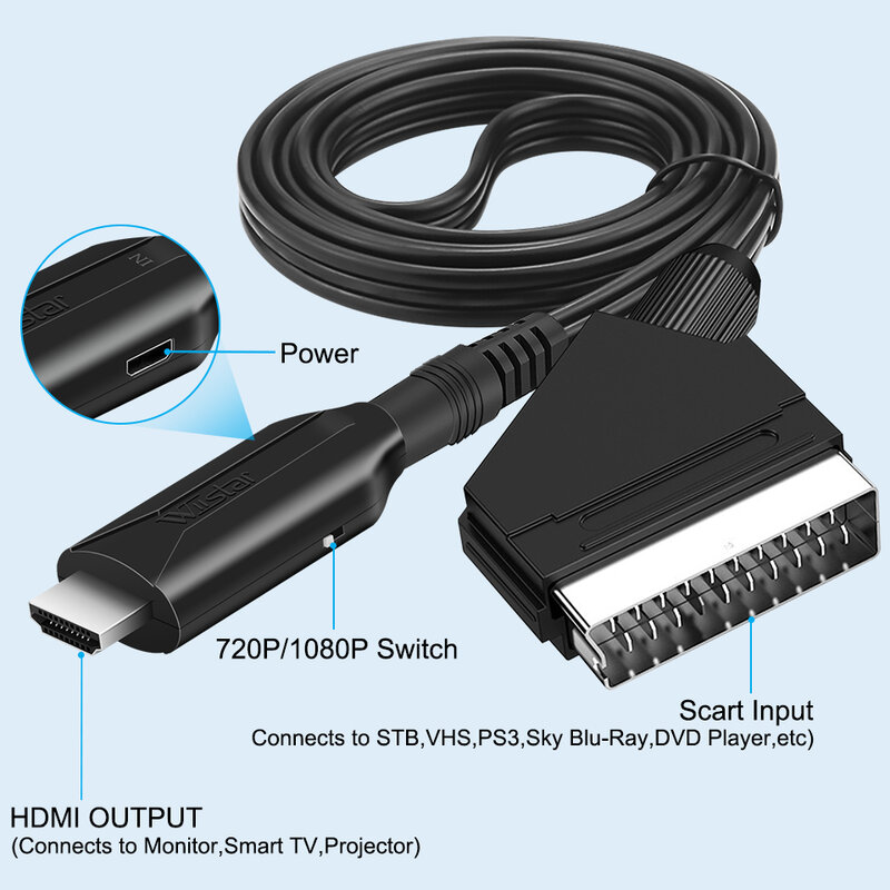 Conversor de áudio de vídeo SCART HDMI com cabo USB, conversor de sinal upscale para HDTV, Sky Box, TV DVD, 1080p