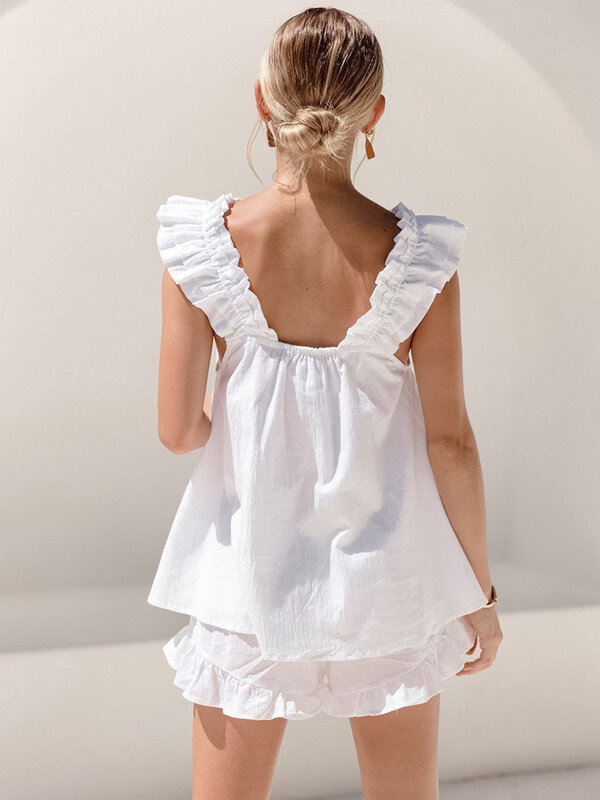 Linad-Conjunto de Pijama con volantes blancos para mujer, ropa de dormir con cuello cuadrado, 100% algodón, sin mangas, holgada, 2 piezas