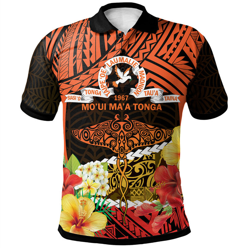 Camisa polo gráfica tonga havaiana masculina, impressão em 3D, brasão, mangas curtas, camiseta infantil, camiseta de lapela polinésia, moda