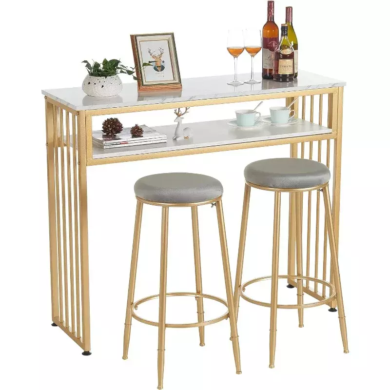 Золотой барный стол GOLASON, высокие столы для паба на кухне, современный обеденный стол с открытой полкой для хранения, блок для ликера и бара