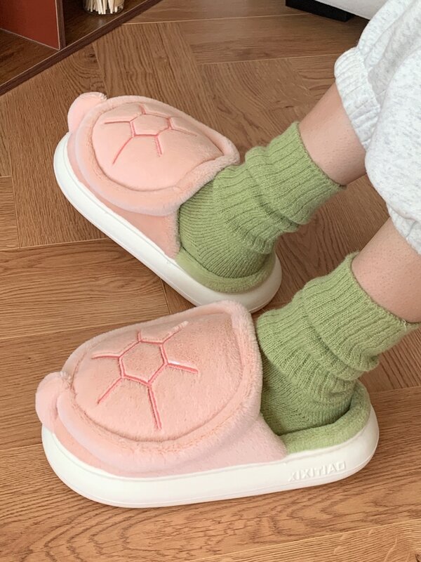 Cute Turtle Slippers For Couples Household Warm And Anti Slip Plush Shoes For Men And Women Winter Creative Turtle Parent Child