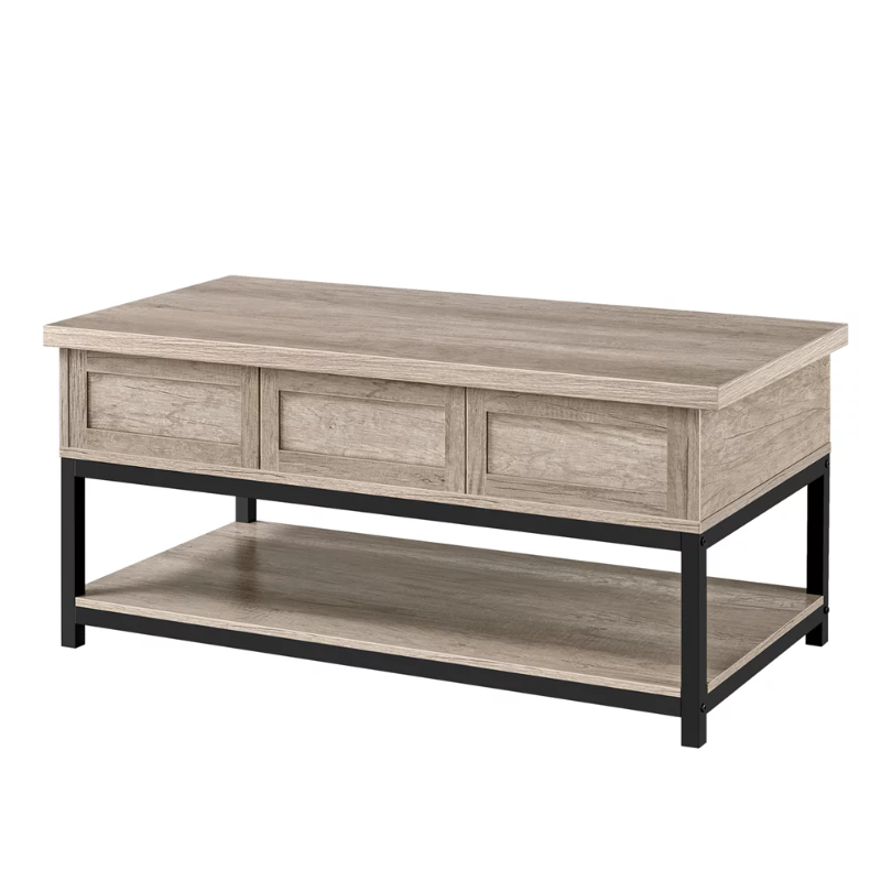 Table basse relevable en bois avec étagère de rangement, gris rustique