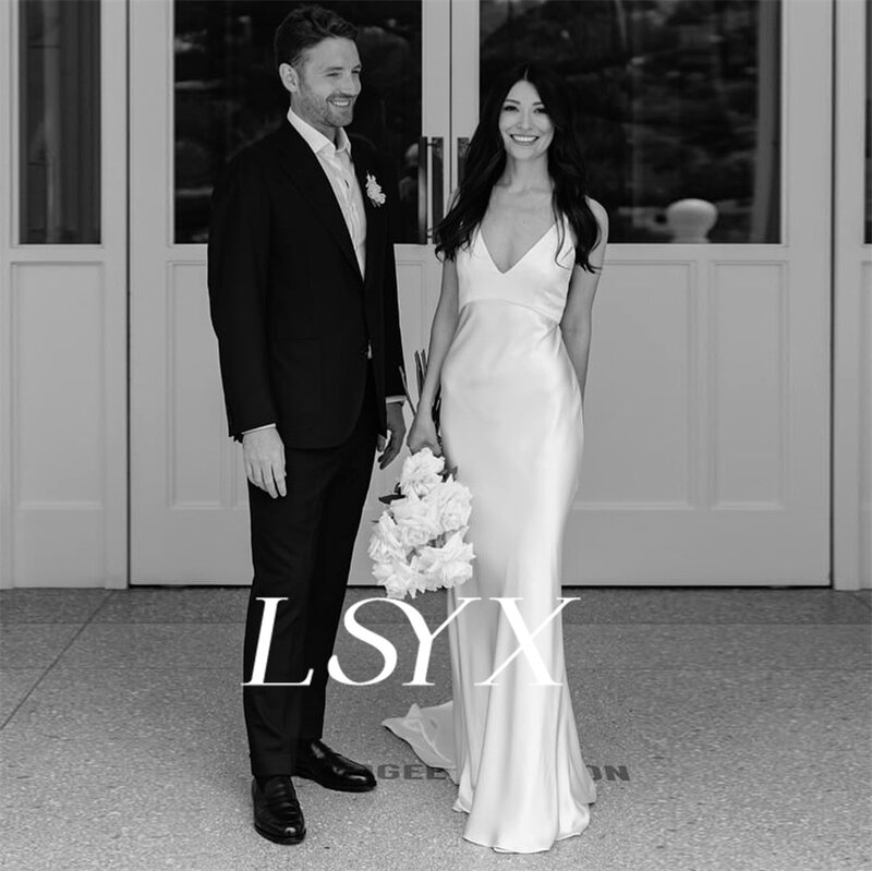 LSYX 여성용 딥 브이넥 민소매 새틴 인어 웨딩 드레스, 오픈 백 코트 트레인 신부 가운, 맞춤 제작 샘플