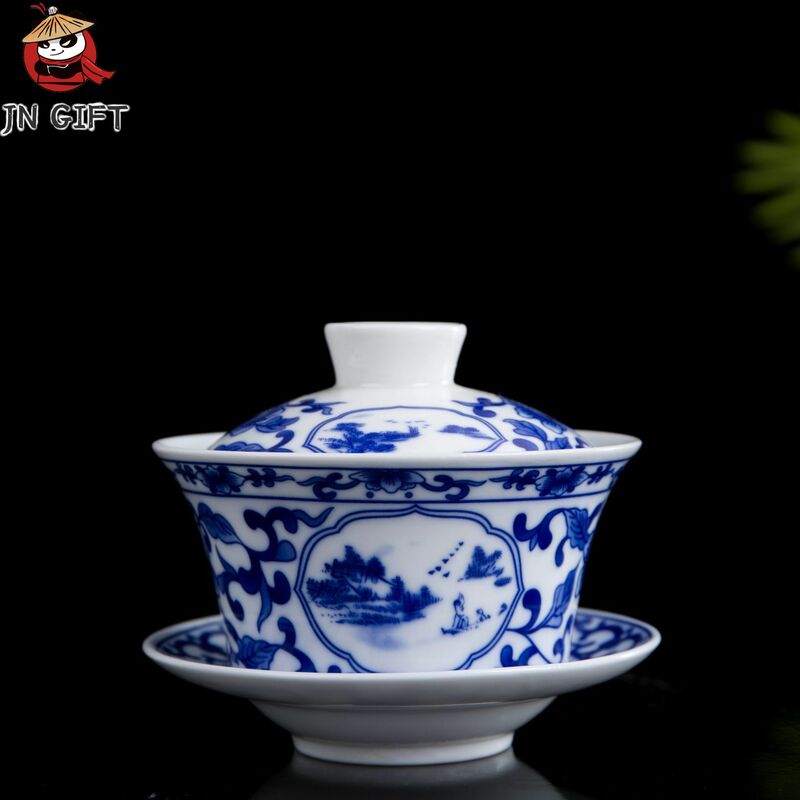 Jingdezhen mangkok teh keramik 3 buah, set cangkir teh mangkuk penutup biru dan putih, cangkir teh keramik kelas atas China
