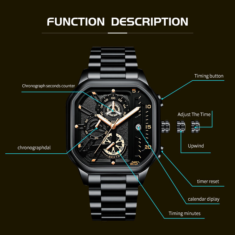Relógio Quartz de luxo para homens, aço inoxidável, impermeável, cronógrafo luminoso, relógio original, relógio de pulso masculino