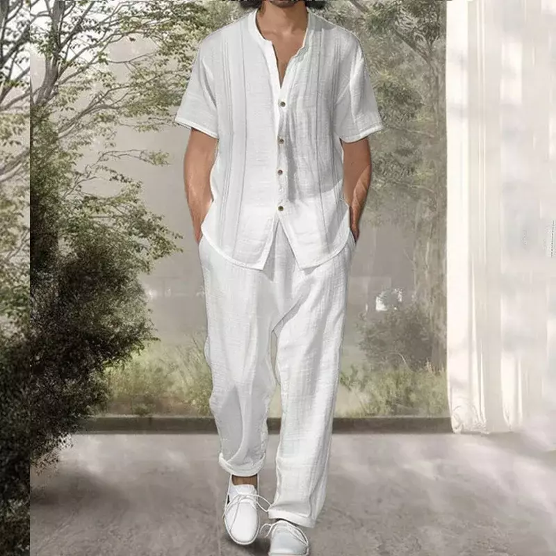 2024 반팔 셔츠 캐주얼 바지 투피스 세트 남성용, 슬림핏 트렌드 단색 패션 세트, 신제품