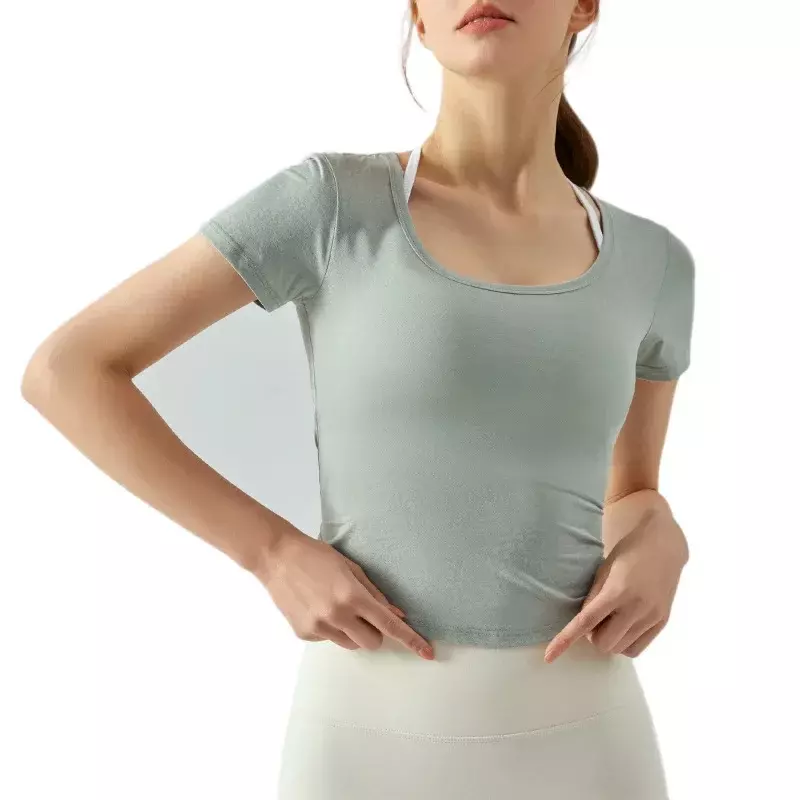 Жаккардовая облегающая тонкая спортивная рубашка с вырезами и коротким рукавом для йоги, короткая дышащая быстросохнущая футболка, одежда для йоги для женщин
