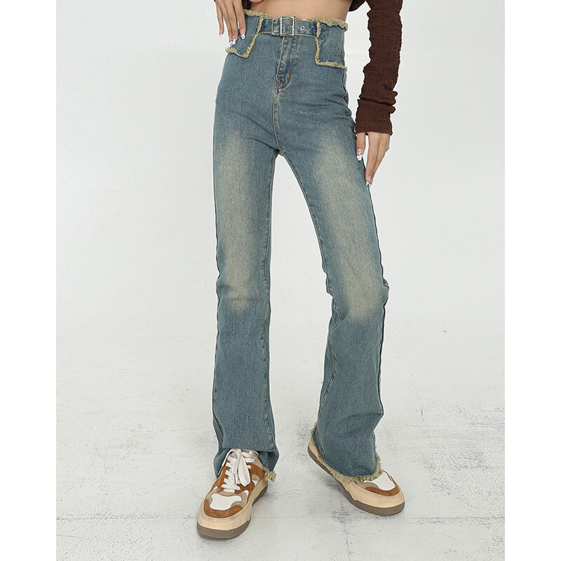 Jeans svasati a vita alta con nappe blu per donna Plus Size pantaloni in Denim elasticizzato a gamba larga donna Streetwear Jeans Vintage Y2K