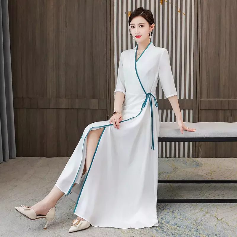 Chińska sukienka tradycyjny długi Eleganti Slim orientalne chiny strój białe sukienki Hanfu kobiet Harajuku z nadrukiem Vintage