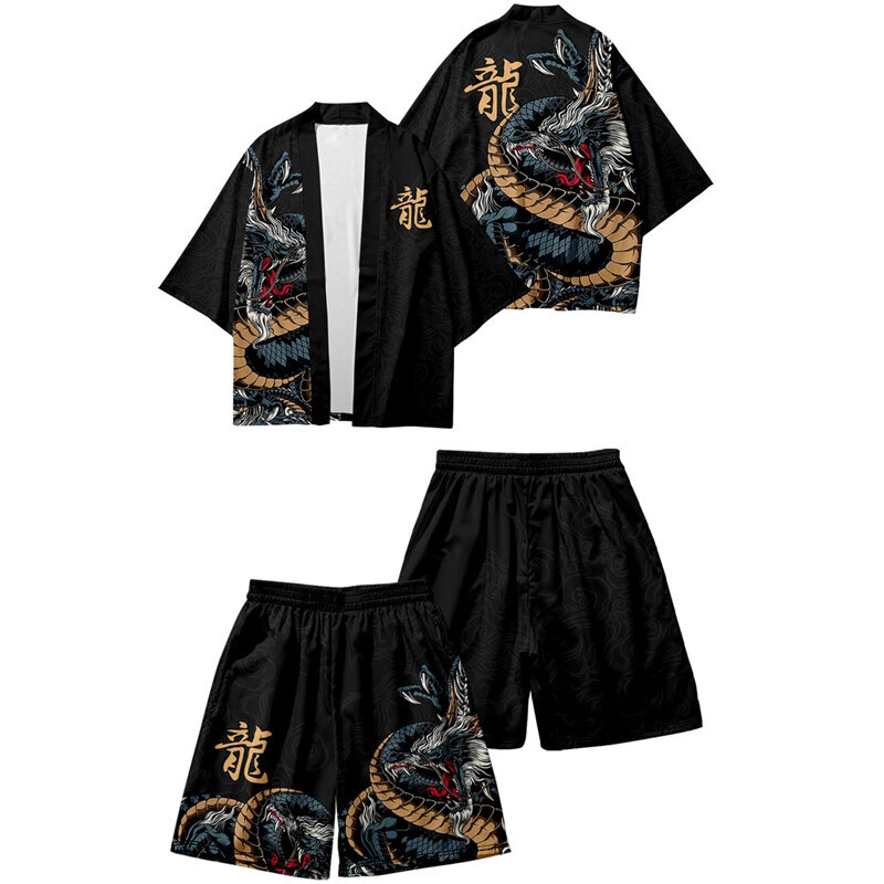 Camisa de quimono japonês masculina e feminina, cosplay Haori Yukata, streetwear de manga curta, carpa ukiyo-e kanagawa, impressão 3D, verão