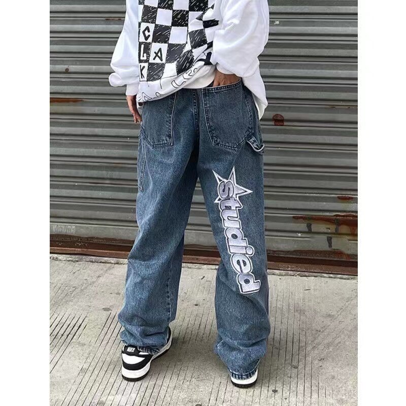 Y2K donna moda coreana Streetwear Casual lettera stampa pantaloni dritti a gamba larga pantaloni larghi in Denim uomo Jeans a vita bassa vestiti
