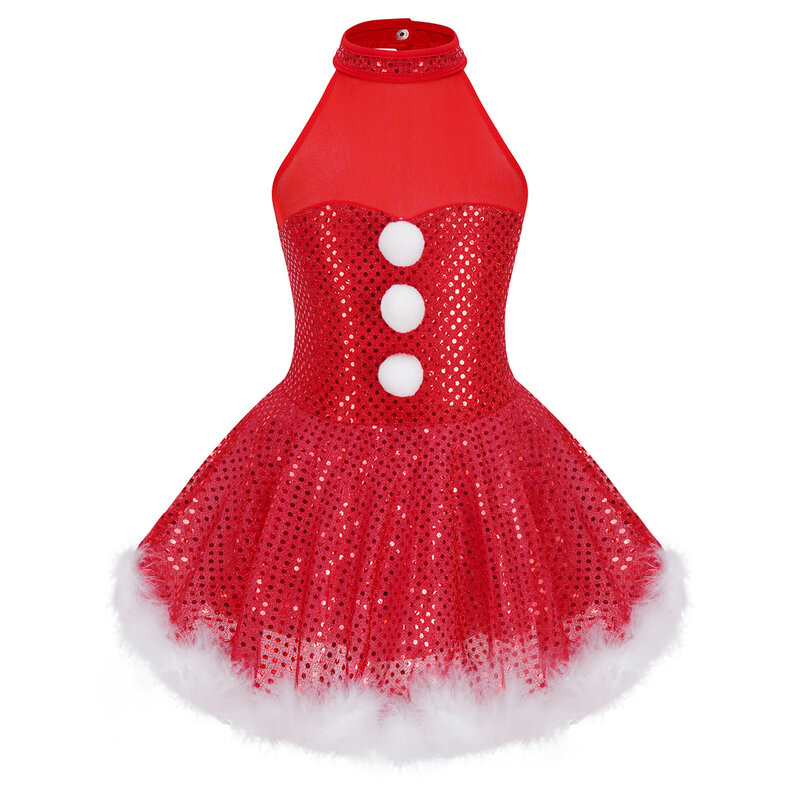 Kids Girls Christmas Snowman Cosplay Costume Ballet Dancewear Shiny Sequins Sleeveless Mesh Splice Figure Ice Skating Tutu Dress